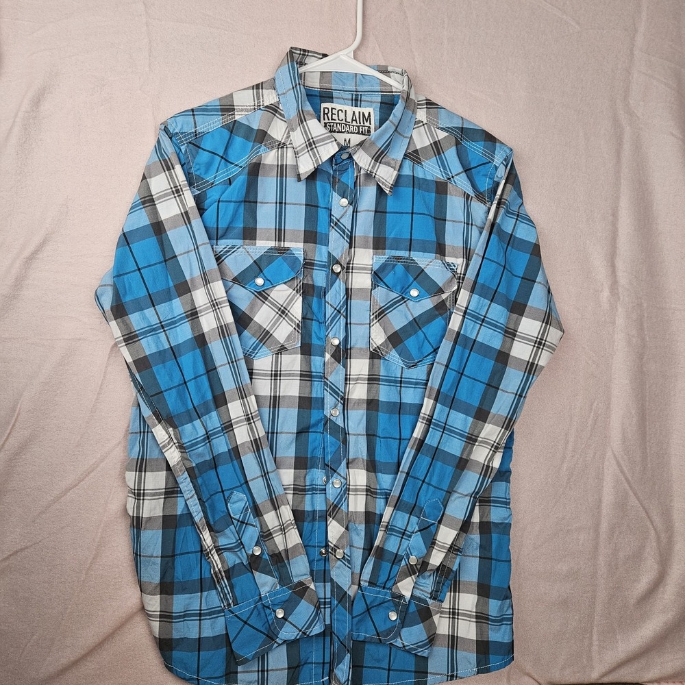 Men's Reclaim Western Shirt Snap Closure Pockets, Blue/Black Plaid Size M Long S
